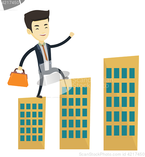Image of Business man walking on the roofs of buildings.