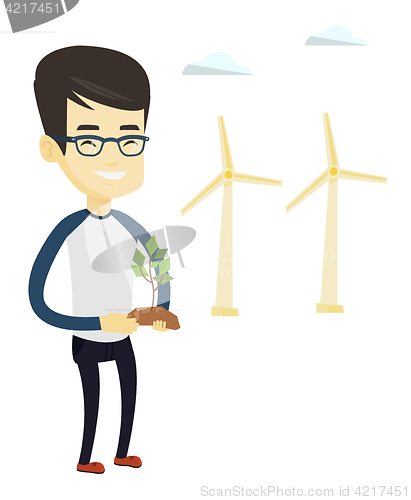 Image of Man holding small plant vector illustration.