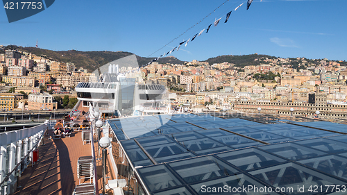 Image of Panoramic view of Genoa city from open deck of cruise ship