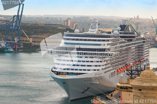 Image of Front view of MSC Splendida luxury cruise ship moored in port Va