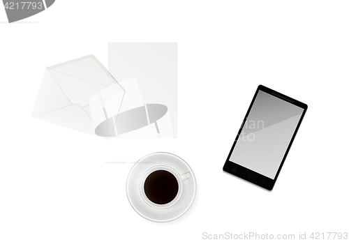Image of cup of coffee with paper, envelope and phone