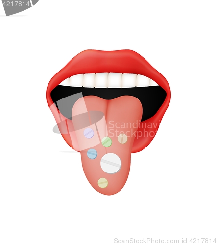 Image of open mouth and protruding tongue with pills