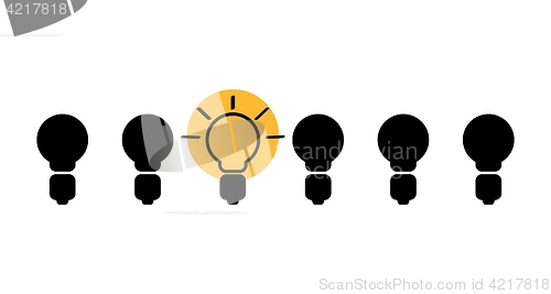 Image of five dark bulbs and one lighting bulb