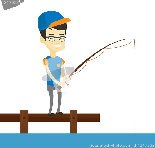 Image of Man fishing on jetty vector illustration.