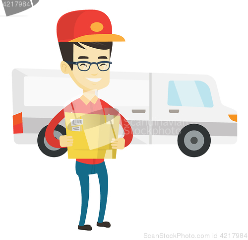 Image of Delivery courier carrying cardboard boxes.