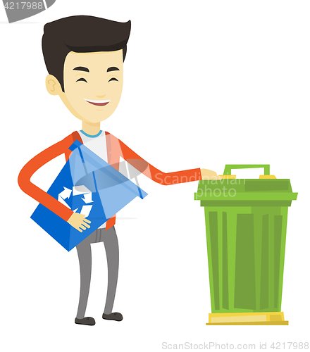 Image of Man with recycle bin and trash can.