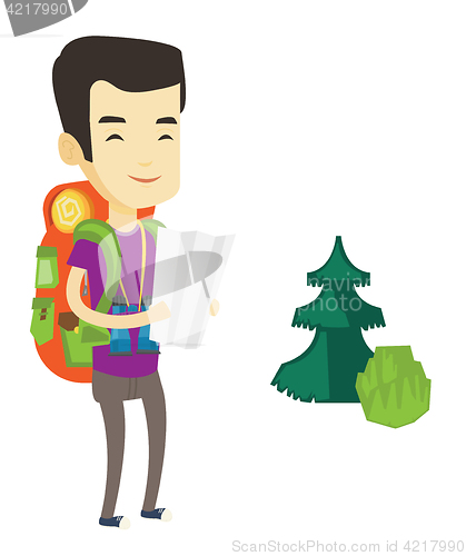 Image of Traveler with backpack looking at map.