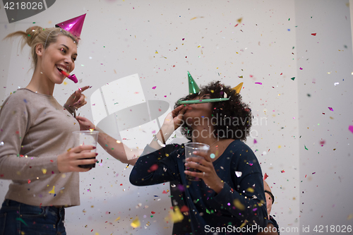 Image of confetti party multiethnic group of people