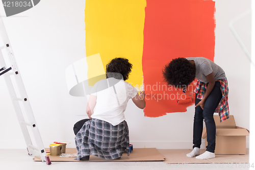 Image of multiethnic couple painting interior wall