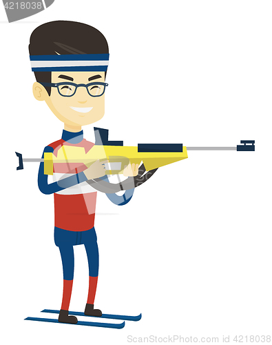 Image of Cheerful biathlon runner aiming at the target.