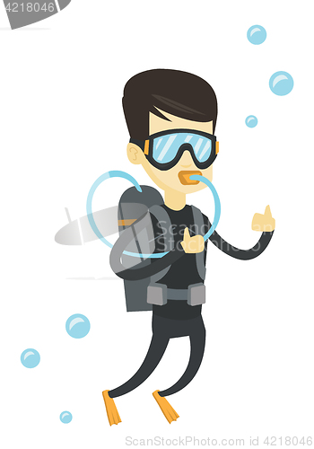 Image of Man diving with scuba and showing ok sign.