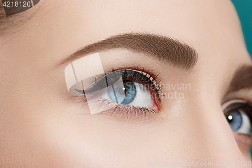 Image of Beautiful eye close up on blue background.