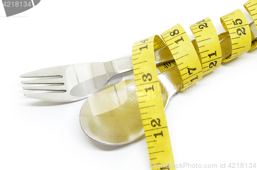 Image of Steel spoon a fork and measuring tape