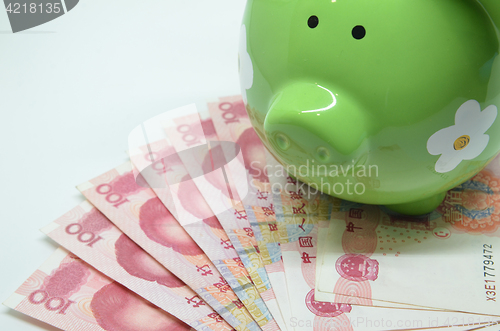 Image of Green piggy bank with China currency
