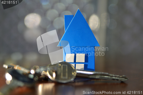 Image of Bunch of keys with house shaped cardboard