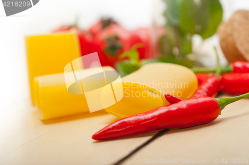 Image of Italian pasta paccheri with tomato mint and chili pepper