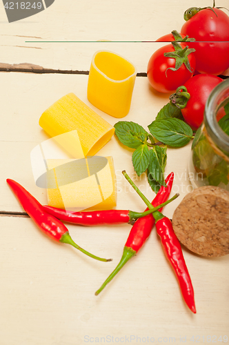 Image of Italian pasta paccheri with tomato mint and chili pepper