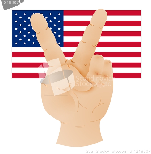 Image of hand showing peace sign and flag of united states