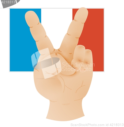 Image of hand showing peace sign and flag of france