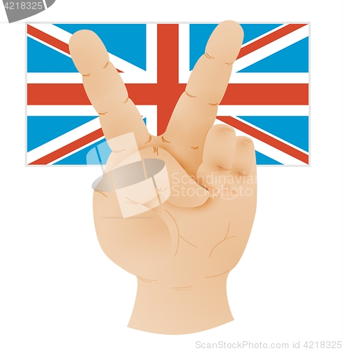 Image of hand showing peace sign and flag of united kingdom