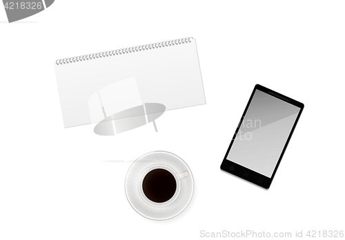 Image of cup of coffee with blank calendar and phone