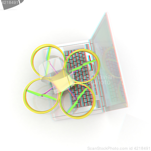 Image of Drone and laptop. 3D render. Anaglyph. View with red/cyan glasse