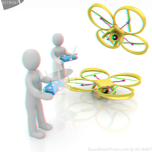 Image of 3d man with drone, quadrocopter, with photo camera. 3d render. 3