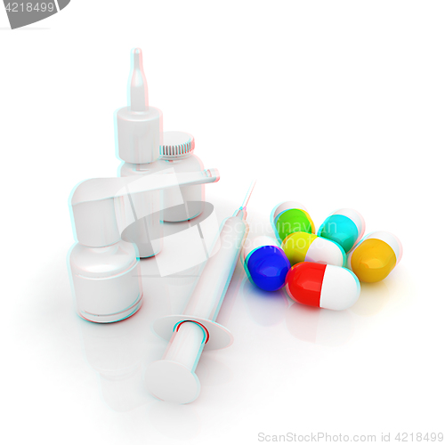 Image of Syringe, tablet, pill jar. 3D illustration. Anaglyph. View with 