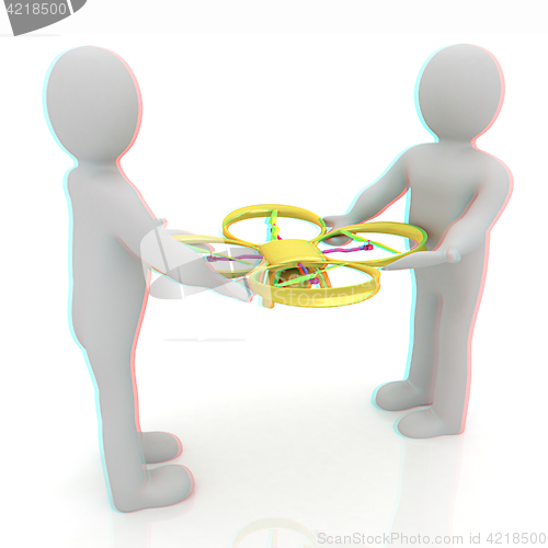 Image of 3d man with drone, quadrocopter, with photo camera. 3d render. 3