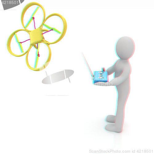 Image of 3d man with drone, quadrocopter, with photo camera. 3d render. 3