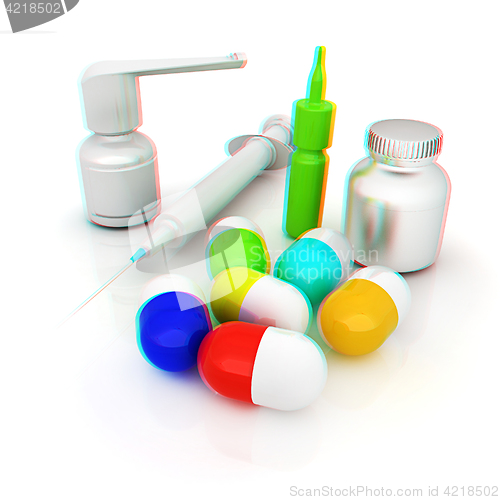 Image of Syringe, tablet, pill jar. 3D illustration. Anaglyph. View with 
