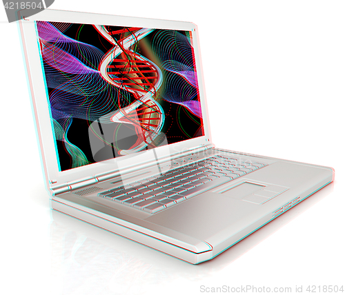 Image of Laptop with dna medical model background on laptop screen. 3d il