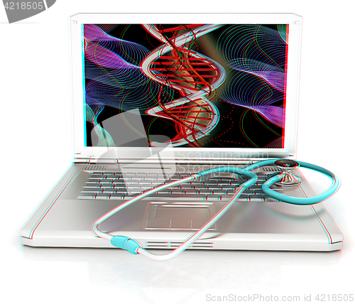 Image of silver laptop diagnosis with stethoscope. 3D illustration. Anagl