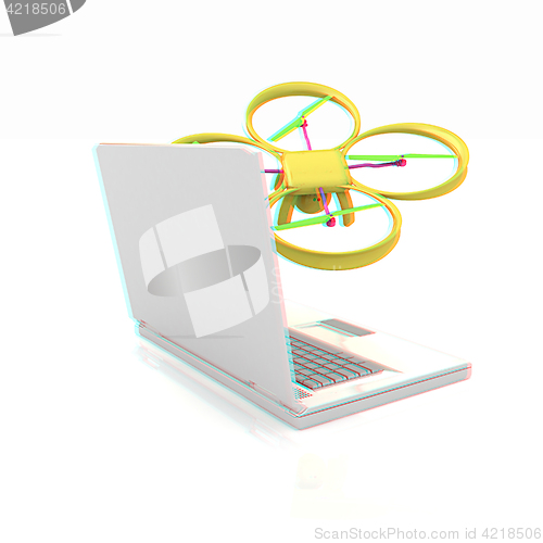 Image of Drone and laptop. 3D render. Anaglyph. View with red/cyan glasse