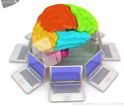 Image of Computers connected to central brain. 3d render. Anaglyph. View 