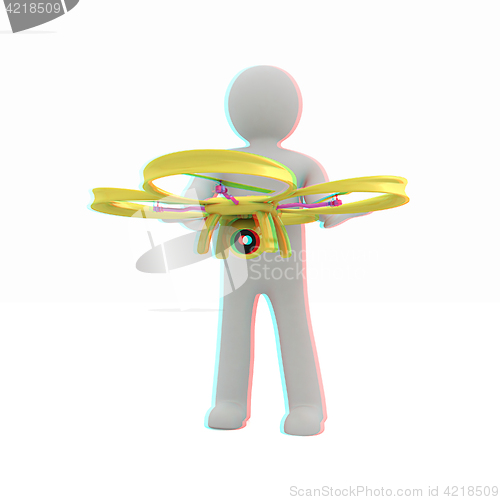 Image of 3d man with drone, quadrocopter, with photo camera. 3d render. 3