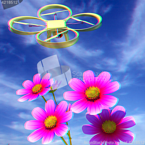 Image of Drone, quadrocopter, with photo camera against the sky and Beaut