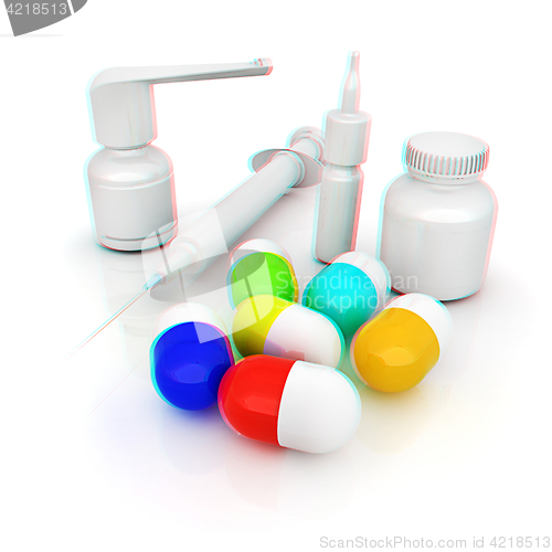 Image of Syringe, tablet, pill jar. 3D illustration. Anaglyph. View with 