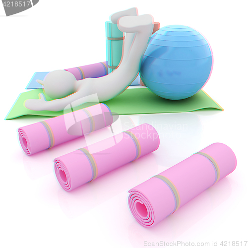 Image of 3d man on a karemat with fitness ball. 3D illustration. Anaglyph