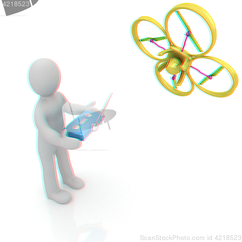 Image of 3d man with drone, quadrocopter, with photo camera. 3d render. 3