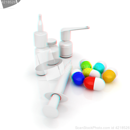 Image of Syringe, tablet, pill jar. 3D illustration. Anaglyph. View with 