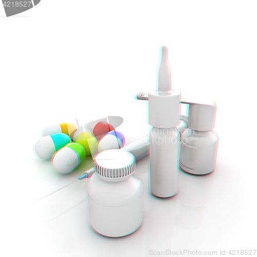 Image of Syringe, tablet, pill jar. 3D illustration. Anaglyph. View with 