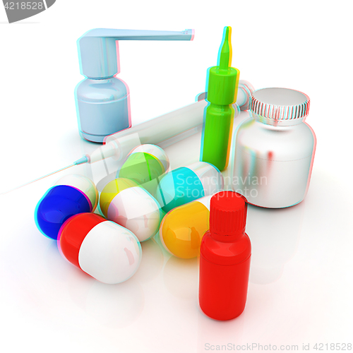 Image of Syringe, tablet, pill jar. 3D illustration. Anaglyph. View with 