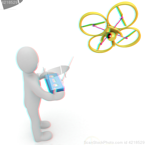 Image of 3d man with drone, quadrocopter, with photo camera. 3d render. 3