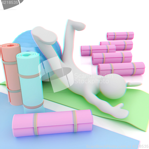 Image of 3d man on a karemat with fitness ball. 3D illustration. Anaglyph