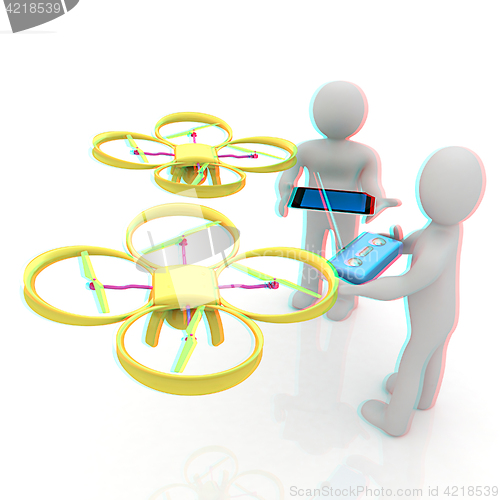 Image of 3d white people. Man flying a white drone with camera. 3D render