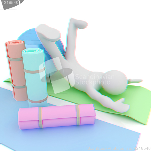 Image of 3d man on a karemat with fitness ball. 3D illustration. Anaglyph