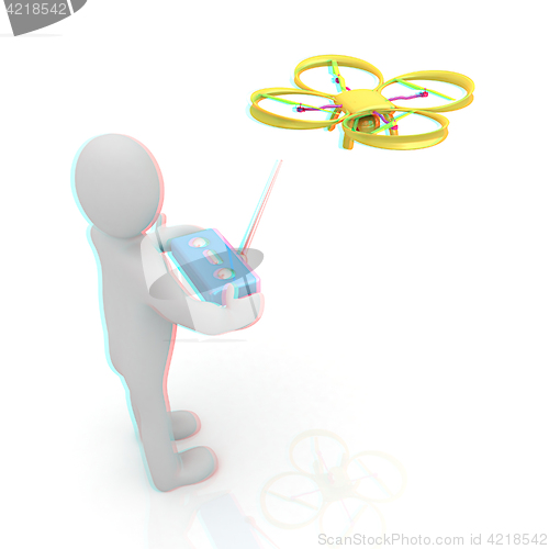 Image of 3d man with drone, quadrocopter, with photo camera. 3d render. 3