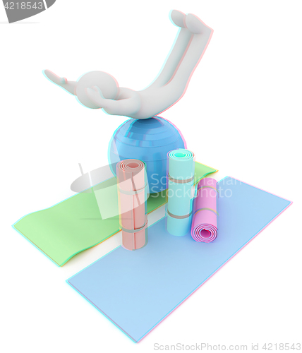 Image of 3d man on a karemat with fitness ball. 3D illustration. Anaglyph