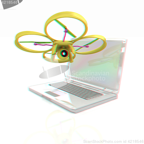 Image of Drone and laptop. 3D render. Anaglyph. View with red/cyan glasse